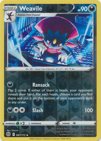 Sword & Shield: Brilliant Stars:  087/172 - Weavile -Uncommon Reverse Holo