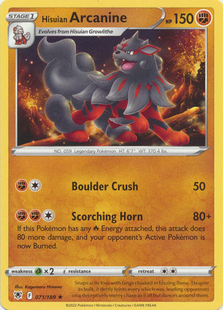Sword & Shield: Astral Radiance: 071/189 -Hisuian Arcanine -  Rare