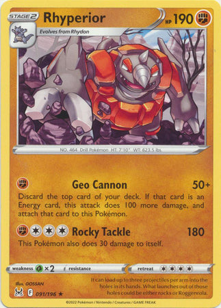 Sword & Shield: Lost Origin : 091/196 - Rhyperior - Rare