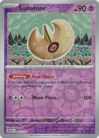 Scarlet & Violet: Obsidian Flames Reverse Holo Singles : 092/197 - Lunatone -  Uncommon Reverse Holo