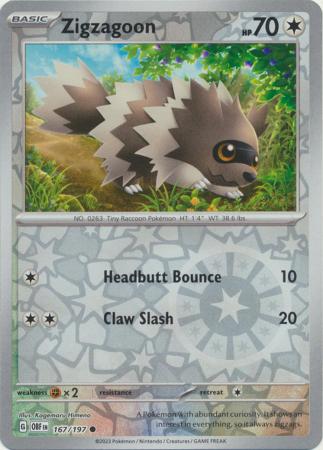 Scarlet & Violet: Obsidian Flames Reverse Holo Singles : 167/197 - Zigzagoon -  Common Reverse Holo
