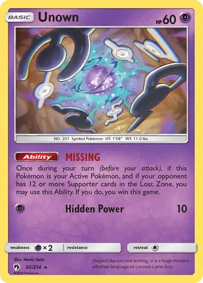 Sun & Moon Lost Thunder 92/214 Unown
